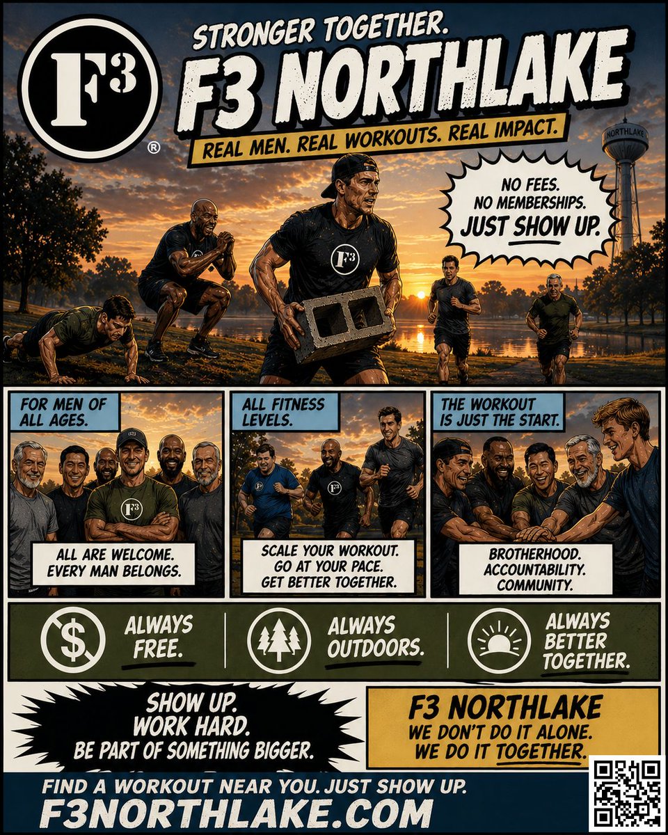 F3Northlake's tweet photo. Strong men aren’t made alone. Free outdoor workouts for men of all fitness levels. No sign-ups, no fees, no pressure.

Rain or shine in Argyle, Denton, Justin, Lantana &amp; Northlake. Come see what it's about.

https://t.co/h0Padcpso7 https://t.co/OvqHQyPWlJ