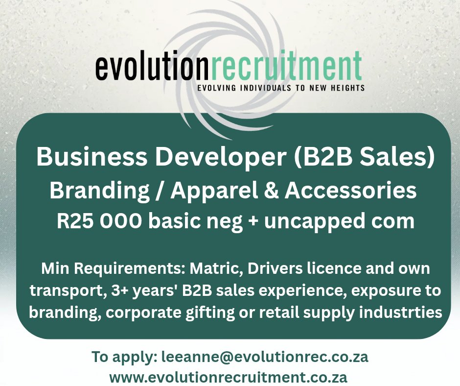 RecruitEvolve's tweet photo. Business Developer, B2B Sales - Branding / Apparel &amp; Accessories.  Cape Town.  R25 000 basic negotiable + uncapped, high commission rates.

Full job spec and to apply:  https://t.co/6qS2ZuFHL2

#SalesJobs #corporategifting #brandedmerchandise #RetailSupply #Apparel https://t.co/ZbEYq7N1hK