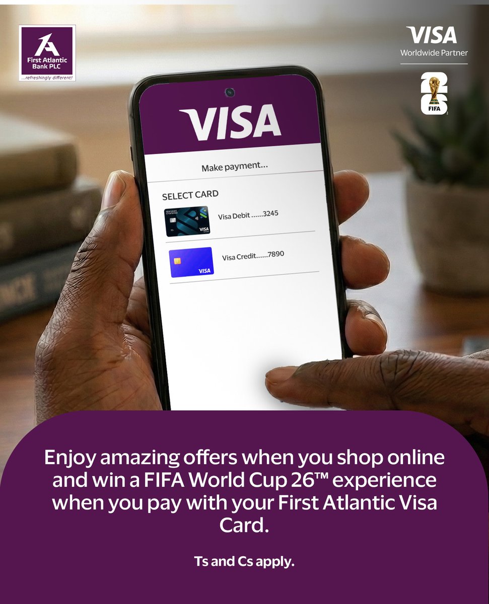 FirstAtlanticGH's tweet photo. Swipe your way to the FIFA World Cup 2026! ⚽
Spend GHS 6,000 across 3 international transactions using your First Atlantic Bank Visa card and win an all-expense paid trip to watch the FIFA World Cup matches.

Promo ends 30th June 2026.
#FirstAtlanticBankPLC #VisaCard #FIFAWorldCup #RefreshinglyDifferent