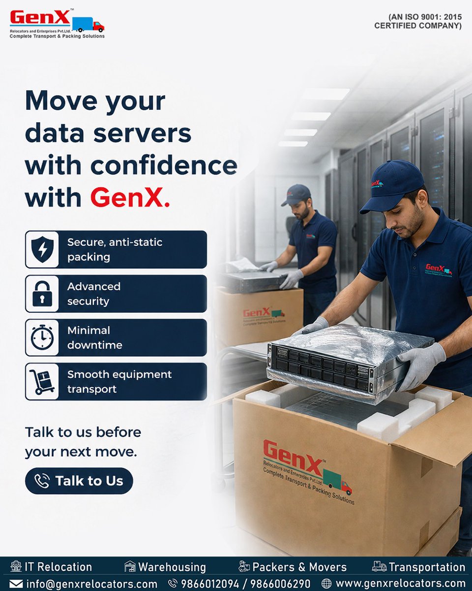 GenxRelocators's tweet photo. Server downtime = lost time, disrupted workflows, and delays. 🚫 For a smooth data server relocation, trust the pros! Secure packing, transport &amp; careful handling are key. Connect with GenX for secure IT &amp; server relocation! 🔐 #ITServices #ServerRelocation https://t.co/6ijmjifqnb