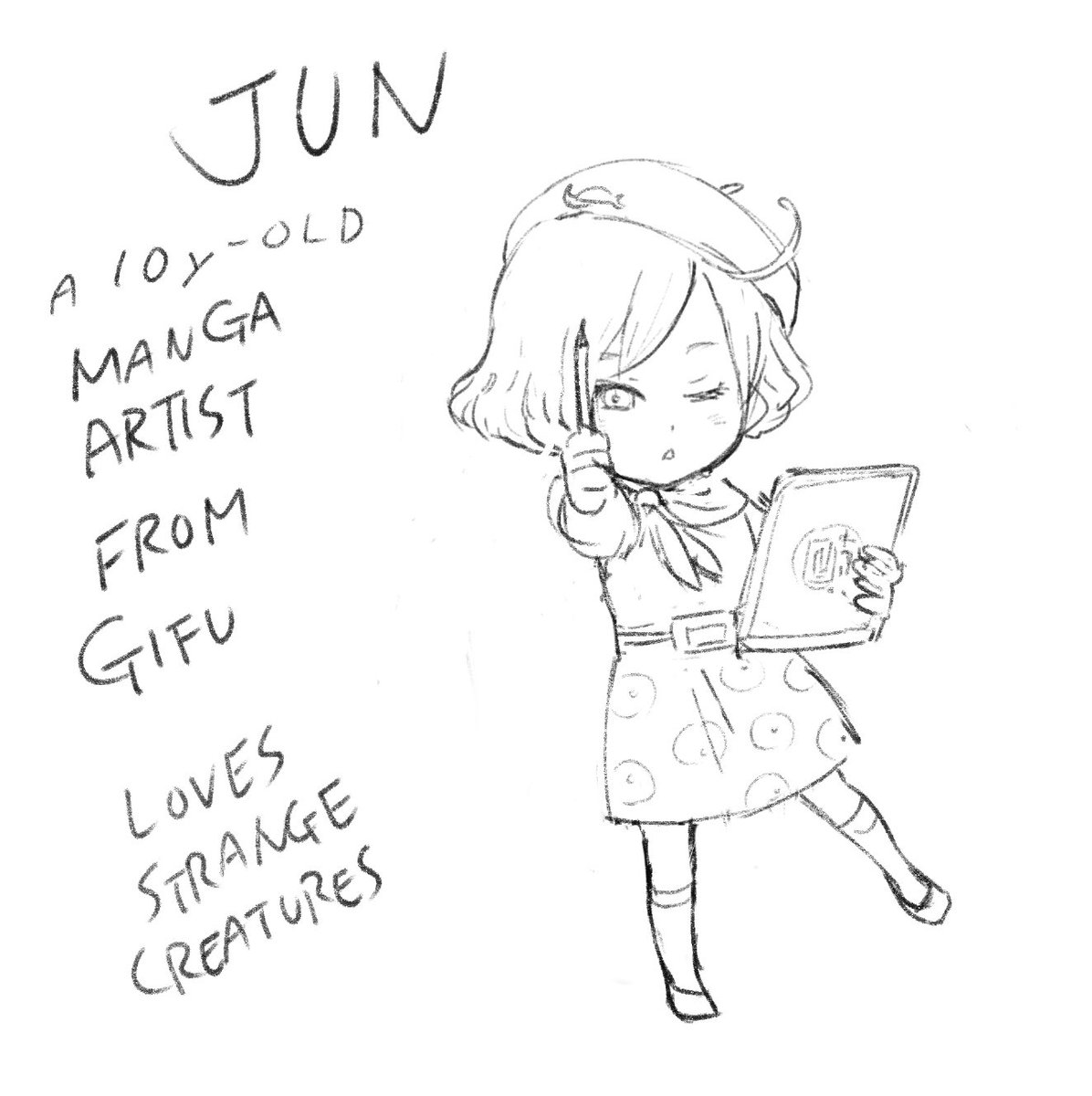 Jun loves drawing strange creatures. Her character design was inspired by eerie folklore and Junji Ito, the renowned horror manga artist from Gifu.
Jun embodies a blend of curiosity and creativity, capturing the spirit of young horror manga enthusiasts.