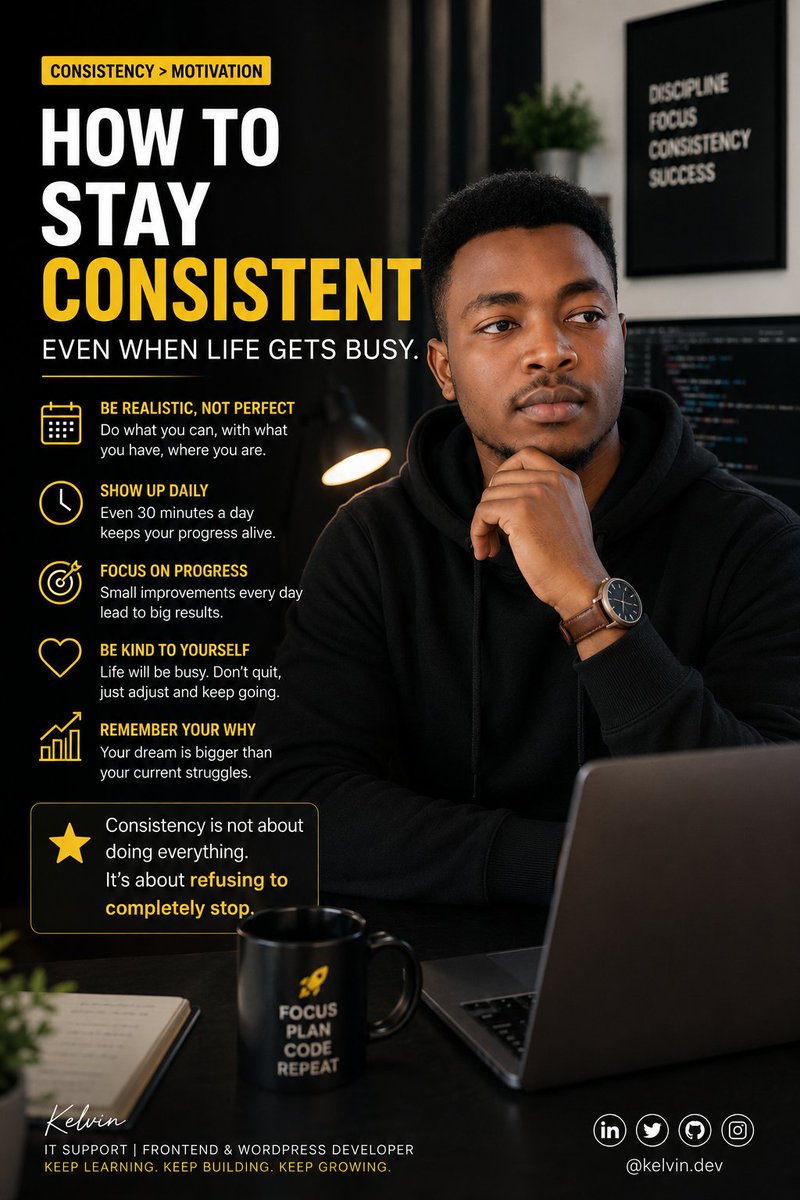 kimahlife's tweet photo. Most people quit in tech not because they are untalented…

They quit because life gets busy.

Work.
Stress.
Responsibilities.
Fatigue.
But consistency is not about doing everything perfectly.
It’s about refusing to completely stop.
Even 30 minutes daily matters. 🚀 https://t.co/Rj4FLjz1RH