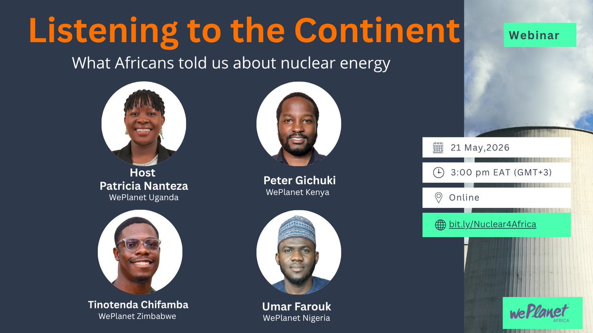 WePlanetAfrica's tweet photo. 📢 WEBINAR UPDATE

Due to scheduling adjustments, our “Listening to the Continent: What Africans Told Us About Nuclear Energy” webinar has been postponed.

We’re excited to continue the conversation on the new date below:

🗓 Thursday, May 21, 2025
⏰ 3:00 PM (GMT+3)
📍 Live on Zoom & YouTube

African voices are shaping the future of energy conversations across the continent, and we look forward to having you join us.

Registration is still open:
🔗 https://t.co/b91DsqDLwu

#NuclearEnergy #Nuclear4Africa