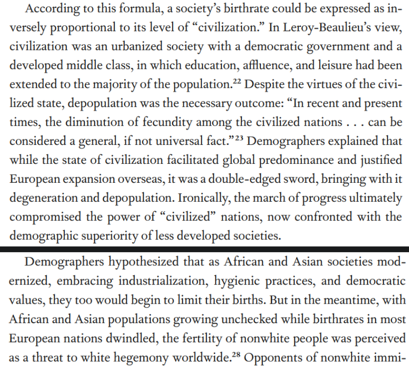 interbellica's tweet photo. Some Frenchmen believed that they had the lowest birthrates was because they were more civilised than everyone else.

But this was fine, since the barbarous peoples of Africa, Asia and Germany would one day, presumably, also become civilised, thus reducing their fertility: https://t.co/kHFfXvl7WN
