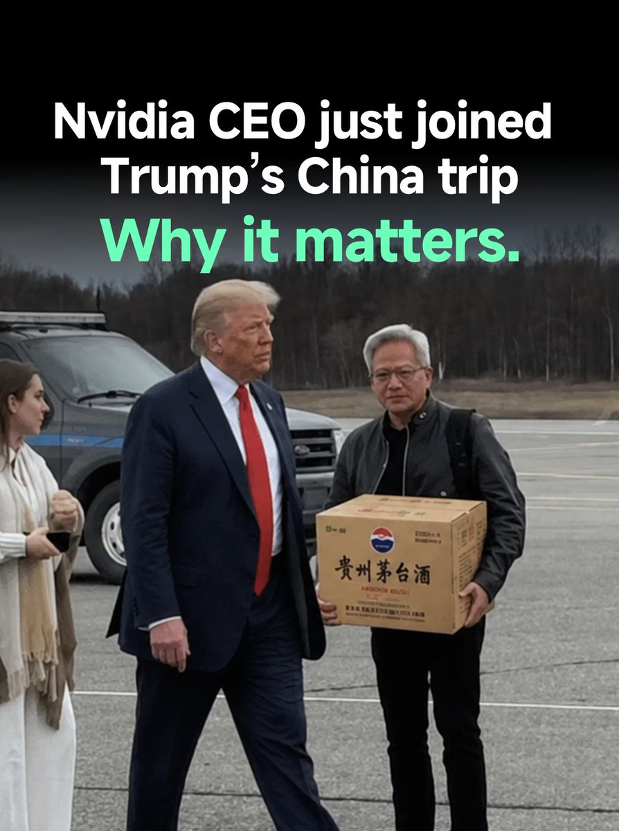 DatavisA61396's tweet photo. Nvidia CEO Jensen Huang reportedly joined Trump’s China trip at the last minute.

The real issue is not just diplomacy. It’s AI chips.
Washington is still worried about export controls.

For markets, this puts $NVDA, $QCOM, $MU back into the U.S.–China trade spotlight. https://t.co/rlaY1PlOKV