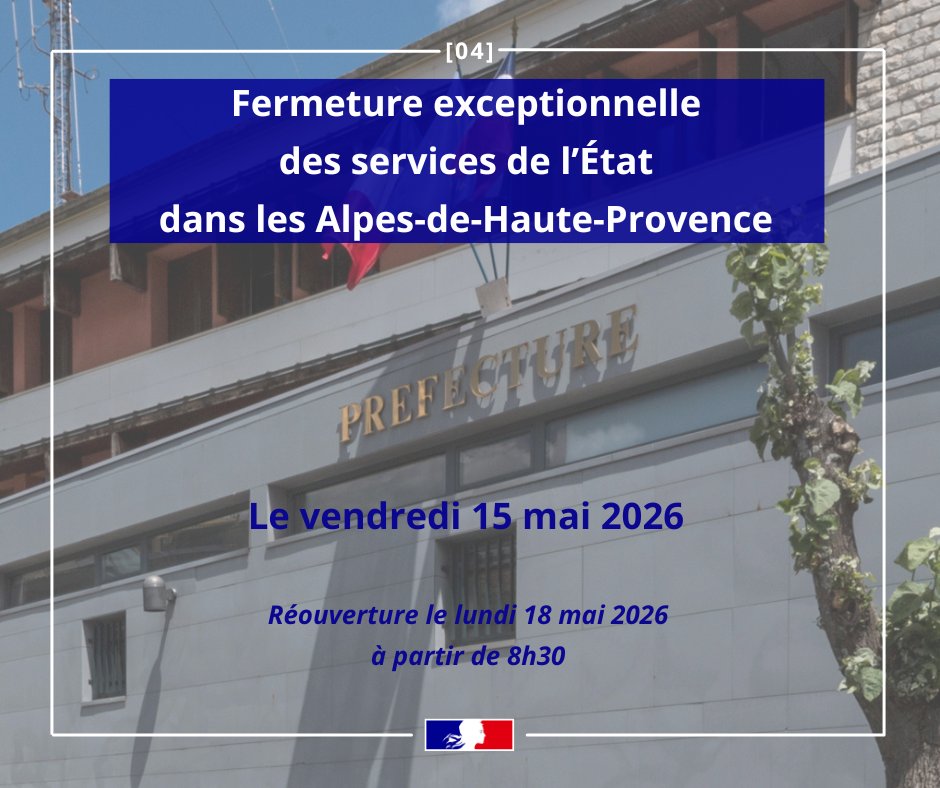 Image de Préfet des Alpes-de-Haute-Provence - [FERMETURE EXCEPTIONNELLE]

⚠ Les services de l’État dans les Alpes-de-Haute-Provence seront excepti