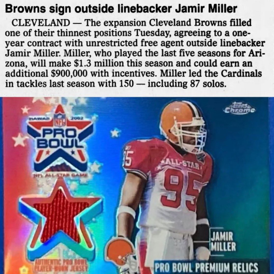 MrCleveland_216's tweet photo. May 13, 1999: First & Only🏈
Expansion Browns sign free agent LB Jamir Miller to contract
#DawgPound
He is our 1st All-Pro in the expansion era…
…he was our ONLY All-Pro from 1999-2007!! (9 seasons!!! 🤯)
#LB #AllPro #Jamir https://t.co/l0VawRIvz6