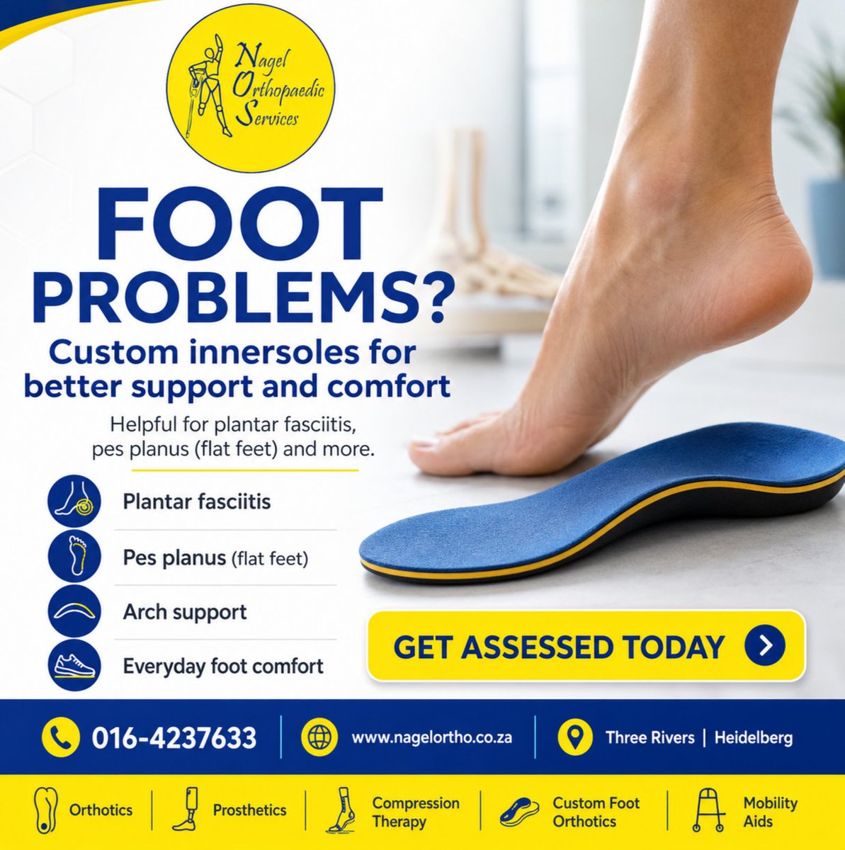 NagelOrtho's tweet photo. ✔️ Plantar fasciitis
✔️ Pes planus / flat feet
✔️ Arch support
✔️ Heel or foot discomfort
✔️ Everyday walking comfort
📍 Three Rivers & Heidelberg
📞 016-423 7633
Better support starts from the ground up.#CustomOrthotics #FootPain #PlantarFasciitis #Orthotics #HealthcareSA https://t.co/6xKgFnoSGW