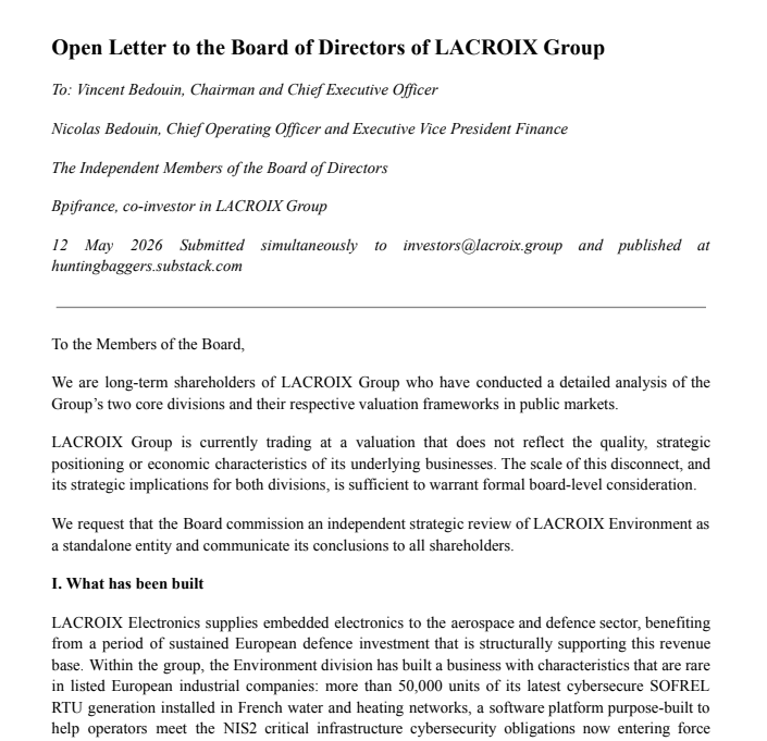HuntingBaggerz's tweet photo. So today we published a 54-page deep dive + open letter to the Board of LACROIX Group.

Including:

• hidden infrastructure thesis
• Firstronic post-mortem
• governance analysis
• SOTP valuation
• spin-off framework
• critical infrastructure tailwinds

The letter was sent to Investor Relations on May 13th and is currently awaiting response.