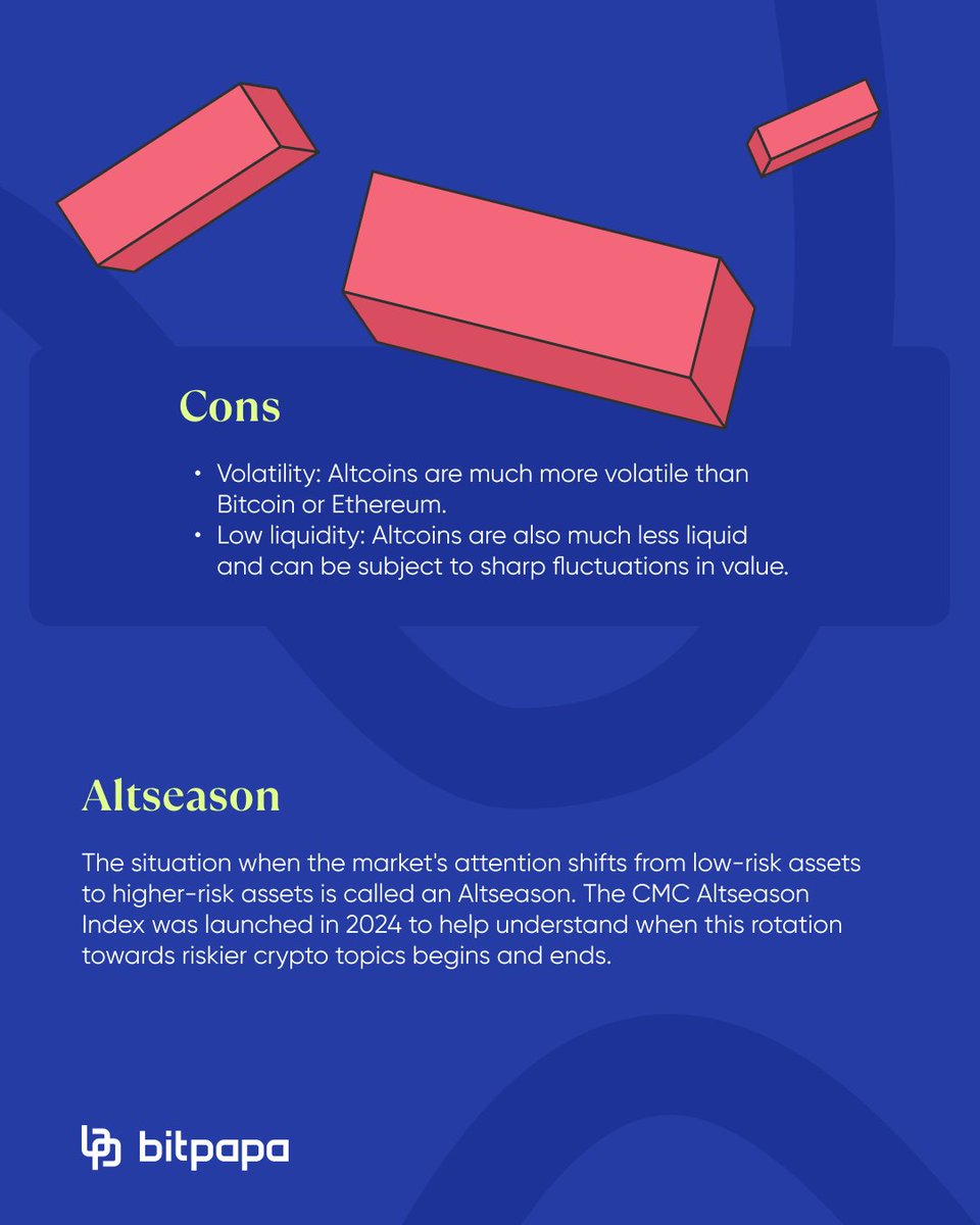 Bitpapa_com's tweet photo. 🪙 Since Bitcoin was the first cryptocurrency to capture the imagination of the entire world, all cryptocurrencies after it are called "altcoins", i.e. "alternative coins". 

Today we will tell you the pros and cons of Altcoins. https://t.co/FIOIjkSJLz