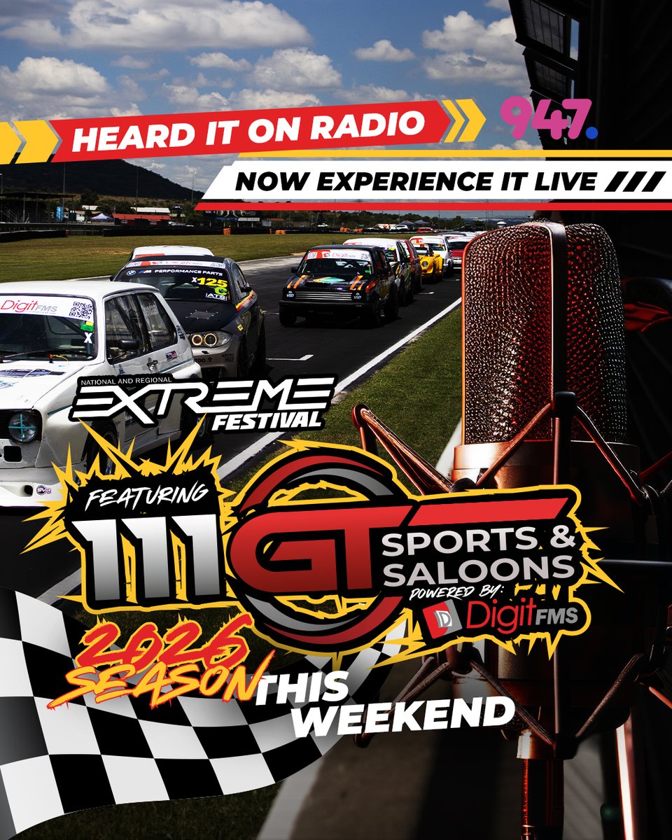 DigitFMS's tweet photo. The DigitFMS 111 GT Sports &amp; Saloons hits the track with full Extreme Festival energy.

📍 Red Star Raceway, Delmas
📅 Saturday, 16 May
🎟 Tickets at the gate

👉 Watch live:  

#DigitFMS #111GTSportsAndSaloons #ExtremeFes https://t.co/XT3irCJEAc https://t.co/qQf87VdJb3