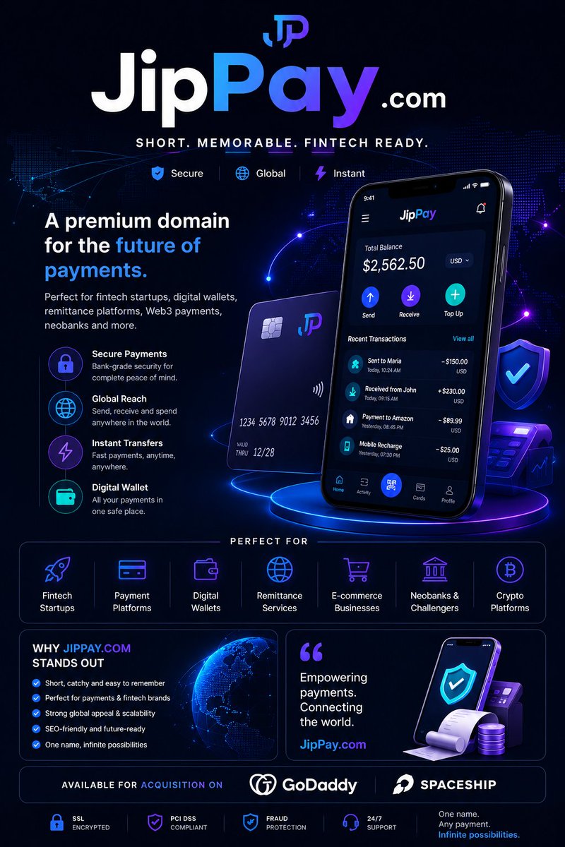 DomainXBrand's tweet photo. https://t.co/b1xn5sqbXU 🚀 A clean fintech brand for payment platforms, neobanks, digital wallets or crypto payments. Short, modern &amp; startup-ready. Available for acquisition. #Fintech #Crypto #Payments #Startup https://t.co/ZXUlGwjwtE