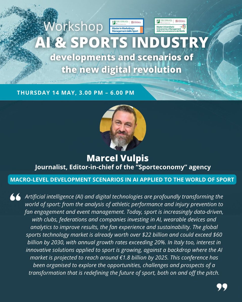 MasterMMSport's tweet photo. 📚𝐀𝐈 &amp; 𝐒𝐏𝐎𝐑𝐓𝐒 𝐈𝐍𝐃𝐔𝐒𝐓𝐑𝐘 — 𝐓𝐇𝐄 𝐍𝐄𝐖 𝐃𝐈𝐆𝐈𝐓𝐀𝐋 𝐑𝐄𝐕𝐎𝐋𝐔𝐓𝐈𝐎𝐍. With industry professionals, managers and academics, we'll explore: AI &amp; media convergence, the new frontiers of sports broadcasting, club-fan relationships in the digital ecosystem, data. https://t.co/t0CjQP7j2H