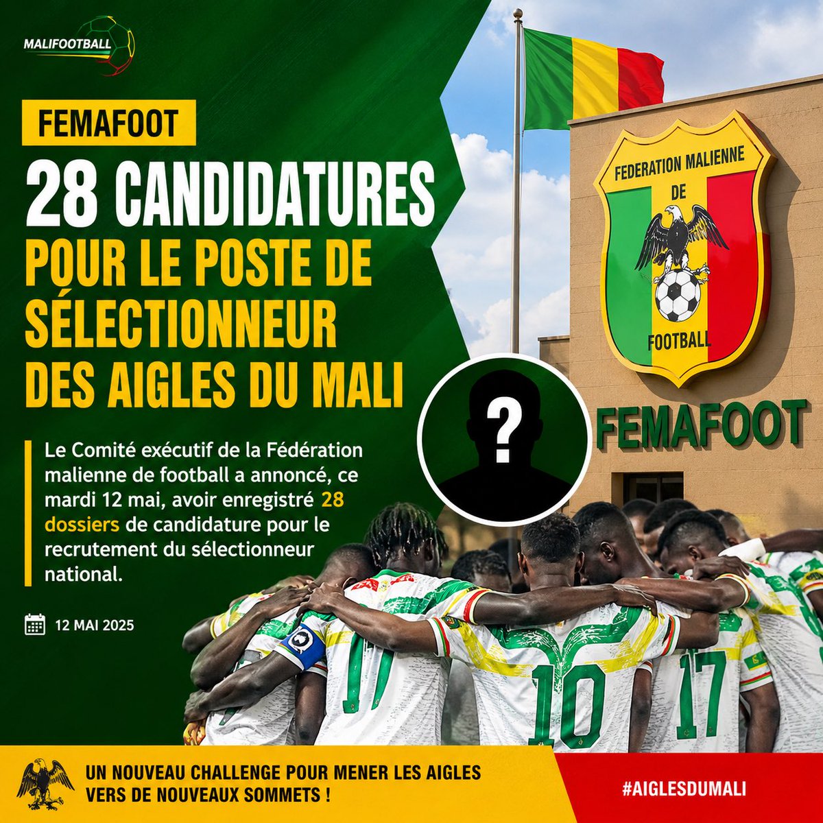 malifootball's tweet photo. 🇲🇱 #Mali | La #Femafoot à reçu 28 dossiers de candidature pour le poste de sélectionneur des Aigles.
L’info a été donnée mardi 12 mai, après la session ordinaire du ComEx présidée par Mahazou CISSET.

👉 Quel profil pour relancer les Aigles ?

#Malifootball #AiglesDuMali https://t.co/PmQdvVQawM