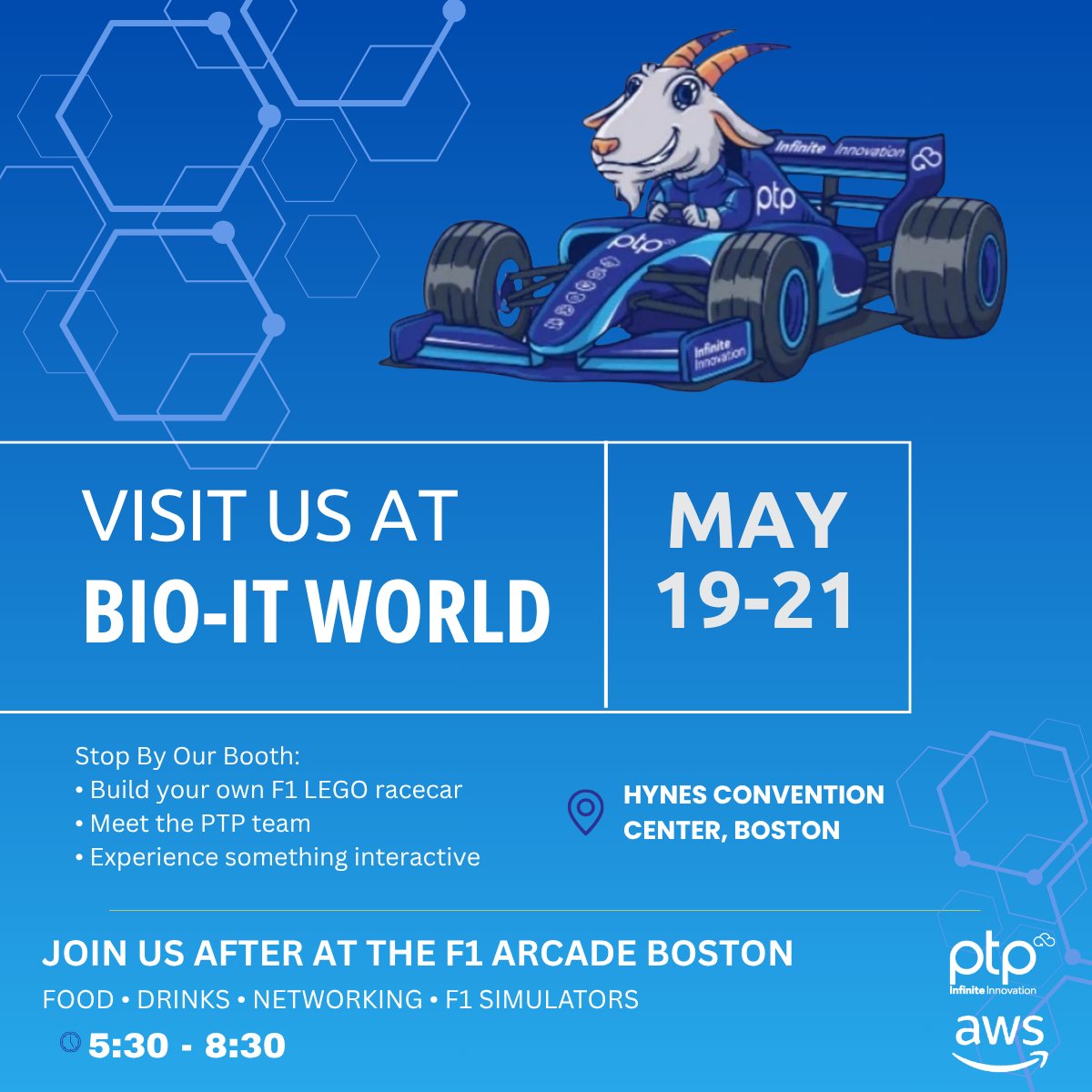 PTPCloud's tweet photo. Attending this year’s Bio-IT World Conference & Expo in Boston next week?

Make sure to stop by our boothvwe’ll have build-your-own F1 LEGO racecars and a chance to connect with the PTP team in a more hands-on, interactive way.

And don’t miss what’s happening after the conference.

PTP and Amazon Web Services are hosting an exclusive evening at F1 Arcade Boston on Wednesday, May 20 from 5:30–8:30 PM.

No presentations. No pressure. Just great food, drinks, and real conversations with peers across biotech and life sciences. Want a little competition? Jump into the F1 simulators. Prefer to connect? That’s what the night is built for.

If you’re heading to Bio-IT, this is where the conversations continue.

Spots are limited be sure to sign up here: https://t.co/l5pcbXKEIp

#BioIT #BioITWorld #AWS #PTP #LifeSciences #Biotech #Networking #F1Arcade #Boston