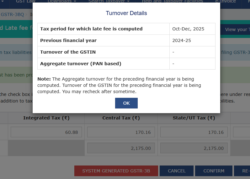 asrf7868's tweet photo. @Infosys_GSTN @cbic_india 
Turnover of the taxpayer below 1.5 Cr. Late fee of Q3 computed by portal 2175+2175 which is incorrect as max it should be 1000+1000. Why should a taxpayer should pay more because of your faulty portal. https://t.co/pvePLTatJ4