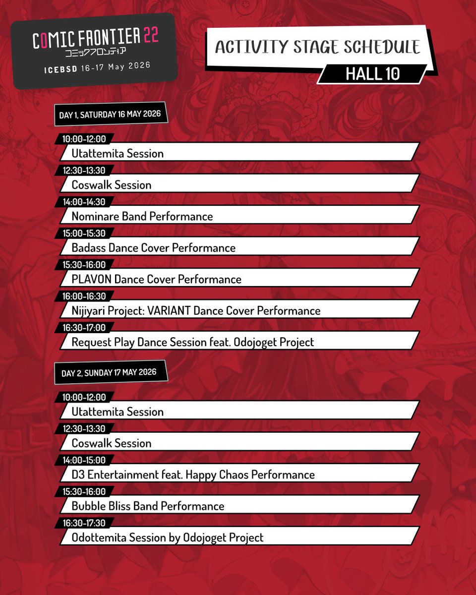 comifuro's tweet photo. ⏰Check out our content schedule for #Comifuro22 for our Main Stage, Activity Stage and DJ Stage!

🎟️Haven‘t got your ticket yet? Grab them now at Ticket2U! https://t.co/4fYTmzZKht
