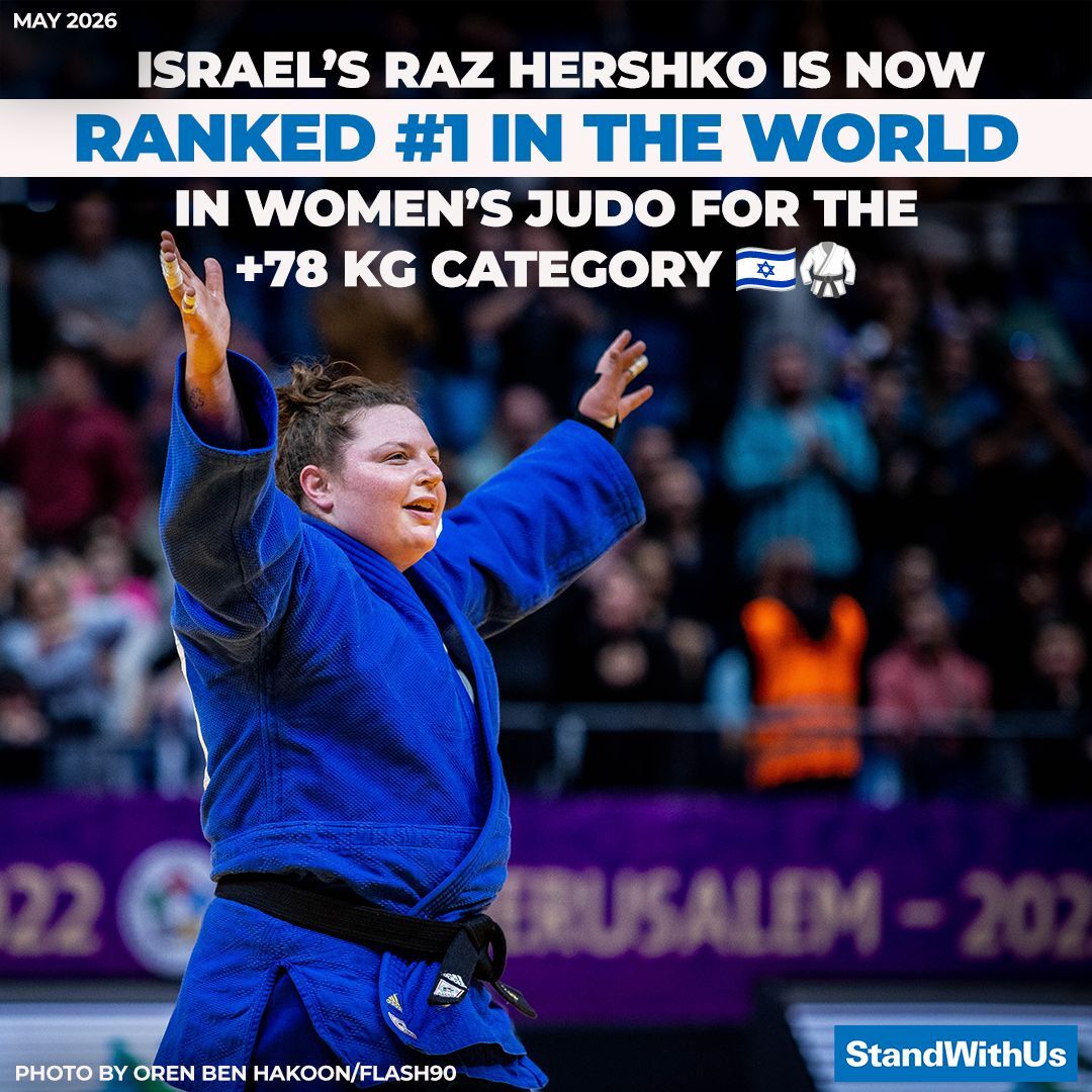 StandWithUs's tweet photo. With 5,390 points and gold medal victories at the 2026 European Senior Championships, the 2026 Tbilisi Grand Slam, and the 2026 Grand Prix Upper Austria, Israeli judoka Raz Hershko is now ranked #1 in the world in the women’s +78 kg category. 🇮🇱🥋 @Olympic_Israel @Israel_Judo https://t.co/ThgOWCiBDN