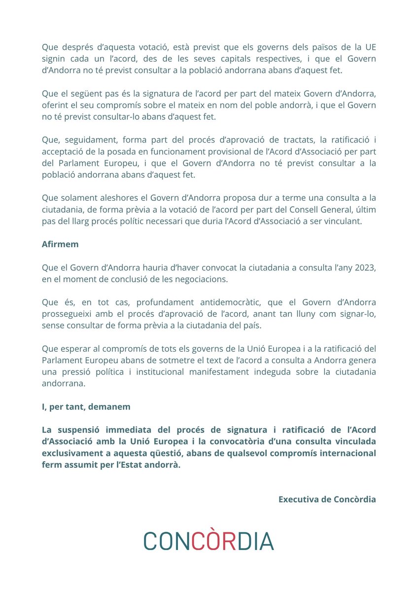 som_Concordia's tweet photo. 🇪🇺El poble andorrà no pot ser cridat a opinar sobre l’Acord d’Associació quan ja estigui signat, compromès i políticament condicionat. Seria una situació de xantatge a la ciutadania.
🗳️Necessitem una consulta prèvia, lliure i real. Sense por a la democràcia. Sense fets consumats. https://t.co/5z9xVV7d4D