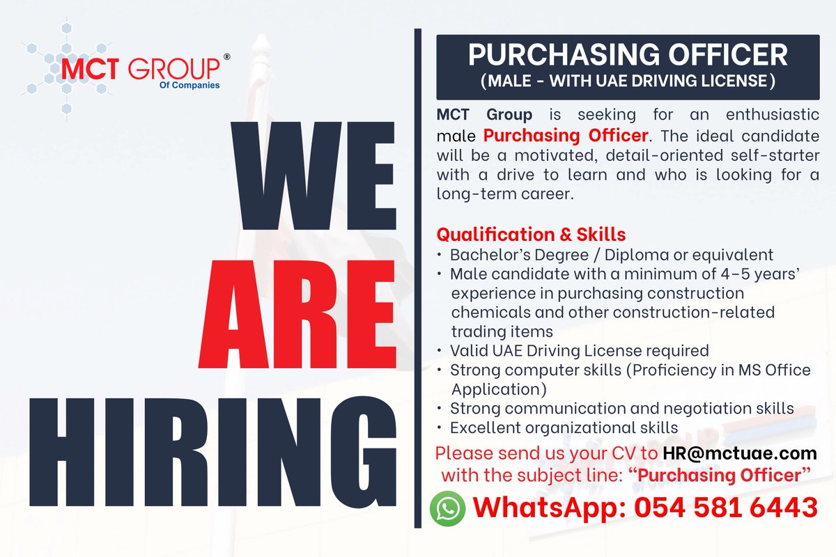 mctgroup_UAE's tweet photo. 🚨 𝐖𝐞 𝐀𝐫𝐞 𝐇𝐢𝐫𝐢𝐧𝐠– 𝐏𝐮𝐫𝐜𝐡𝐚𝐬𝐢𝐧𝐠 𝐎𝐟𝐟𝐢𝐜𝐞𝐫(𝐌𝐚𝐥𝐞– 𝐔𝐀𝐄 𝐃𝐫𝐢𝐯𝐢𝐧𝐠 𝐋𝐢𝐜𝐞𝐧𝐬𝐞 𝐑𝐞𝐪𝐮𝐢𝐫𝐞𝐝) 🚨

📩 𝐇𝐨𝐰 𝐭𝐨 𝐀𝐩𝐩𝐥𝐲:
Send your CV to: 𝐇𝐑@𝐦𝐜𝐭𝐮𝐚𝐞.𝐜𝐨𝐦
📱 𝐖𝐡𝐚𝐭𝐬𝐀𝐩𝐩: 𝟎𝟓𝟒 𝟓𝟖𝟏 𝟔𝟒𝟒𝟑

#Hiring #PurchasingOfficer #UAE https://t.co/Hq3DDDv810