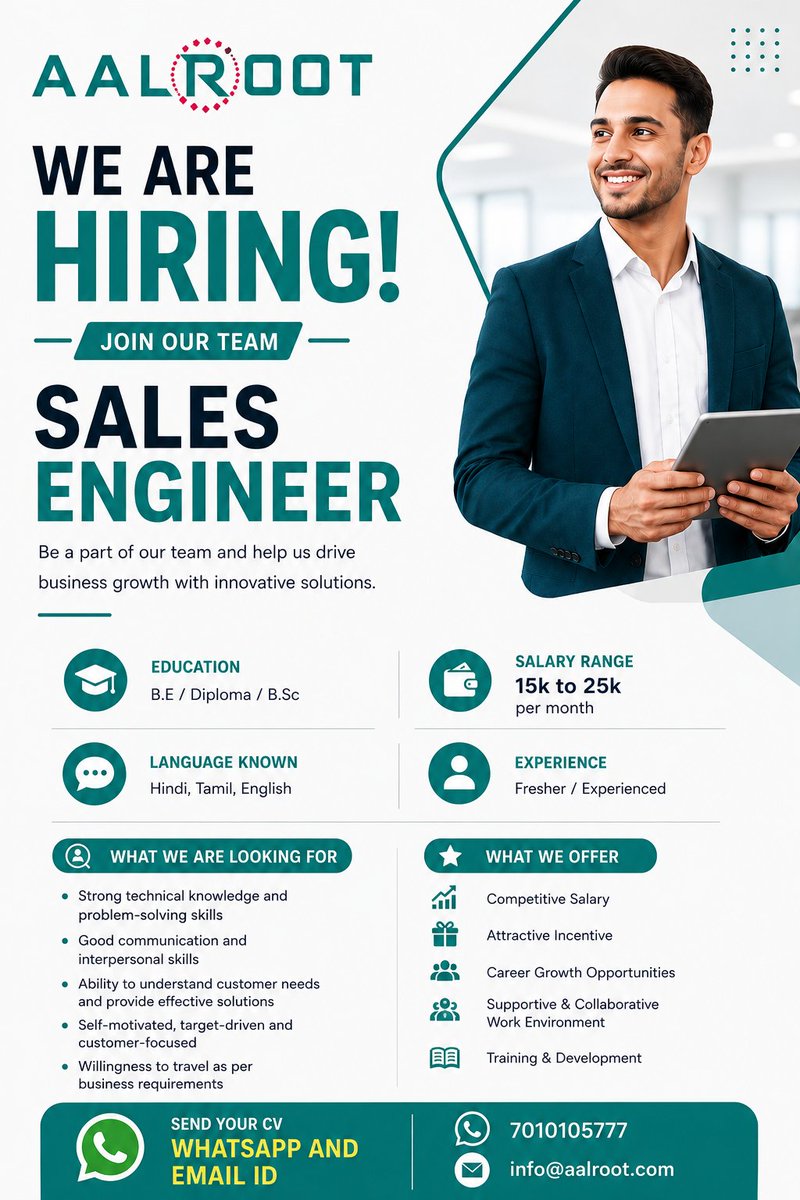 aalroot's tweet photo. Join us as a sales engineer!

Exciting opportunity awaits! Drive business growth with innovative solutions and competitive pay. Freshers welcome! Apply today and shape your future with us.

#WeAreHiring #SalesEngineer #CareerGrowth https://t.co/Y7hvSjwnhz