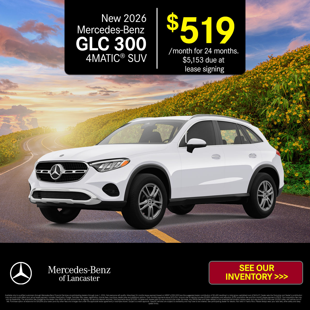 MBofLancaster's tweet photo. The 2026 Mercedes-Benz GLC 300 4MATIC® SUV delivers comfort, technology, and smooth performance.

Lease the 2026 GLC 300 4MATIC® SUV for just $519/month.

See inventory: https://t.co/Np48Br2Aek

#MercedesBenz #GLC300 #MercedesBenzOfLancaster https://t.co/bJ508Vc5q3
