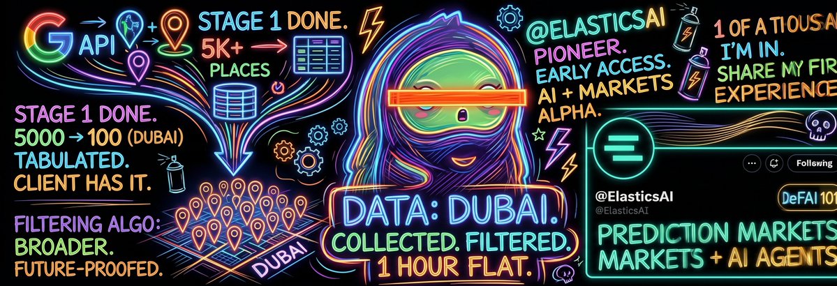 vslyhcrypto's tweet photo. and so, i forgot to tell you, the first stage and collection of information according to my necessary parameters was finished within an hour

today i collected the necessary information for the city of DUBAI through google API, then a selection was made from 5k places and cut down by parameters to 100 places i need, i got the final file in a convenient format for me - tables
then the file was transferred to the customer, after checking, we will set up the parameter filter as needed, according to additional criteria, since i initially wrote a broader algorithm, for more comfortable and accurate work in the future

also today i'll get acquainted with @ElasticsAI this is exactly my field of interest, this is AI and prediction markets since i got into a thousand pioneers who have priority access to their platform
if it's interesting, i'll tell you about it, but i'll definitely share the first experience