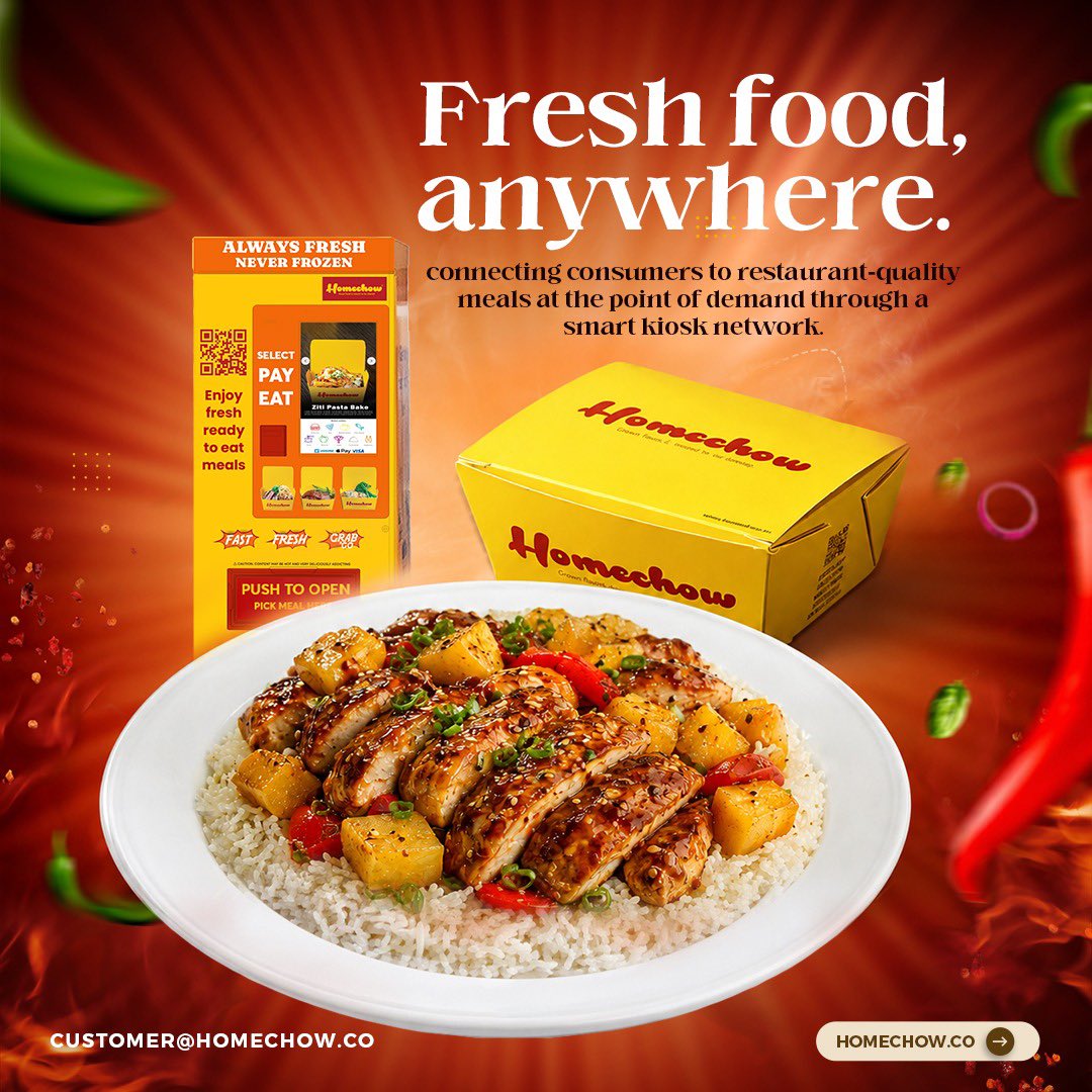 HomechowCo's tweet photo. 🍛 Fresh food, anywhere. 

No chef. No wait. 

Just real meals — ready when you are.

Homechow is rewriting the rules of grab-and-go dining with smart kiosks that serve restaurant-quality meals on demand. 

Always fresh. Never frozen. Just walk up, tap, and eat.

Whether you’re rushing between meetings, fueling a late-night grind, or just craving something that actually tastes homemade — Homechow has you covered.

🔥 Select. Pay. Eat. It’s that simple.

👉 Find out more: https://t.co/8IC8FOverr
📩 customer@homechow.co

#Homechow #FreshFoodAnywhere #SmartKiosk #FoodTech  #readytoeat