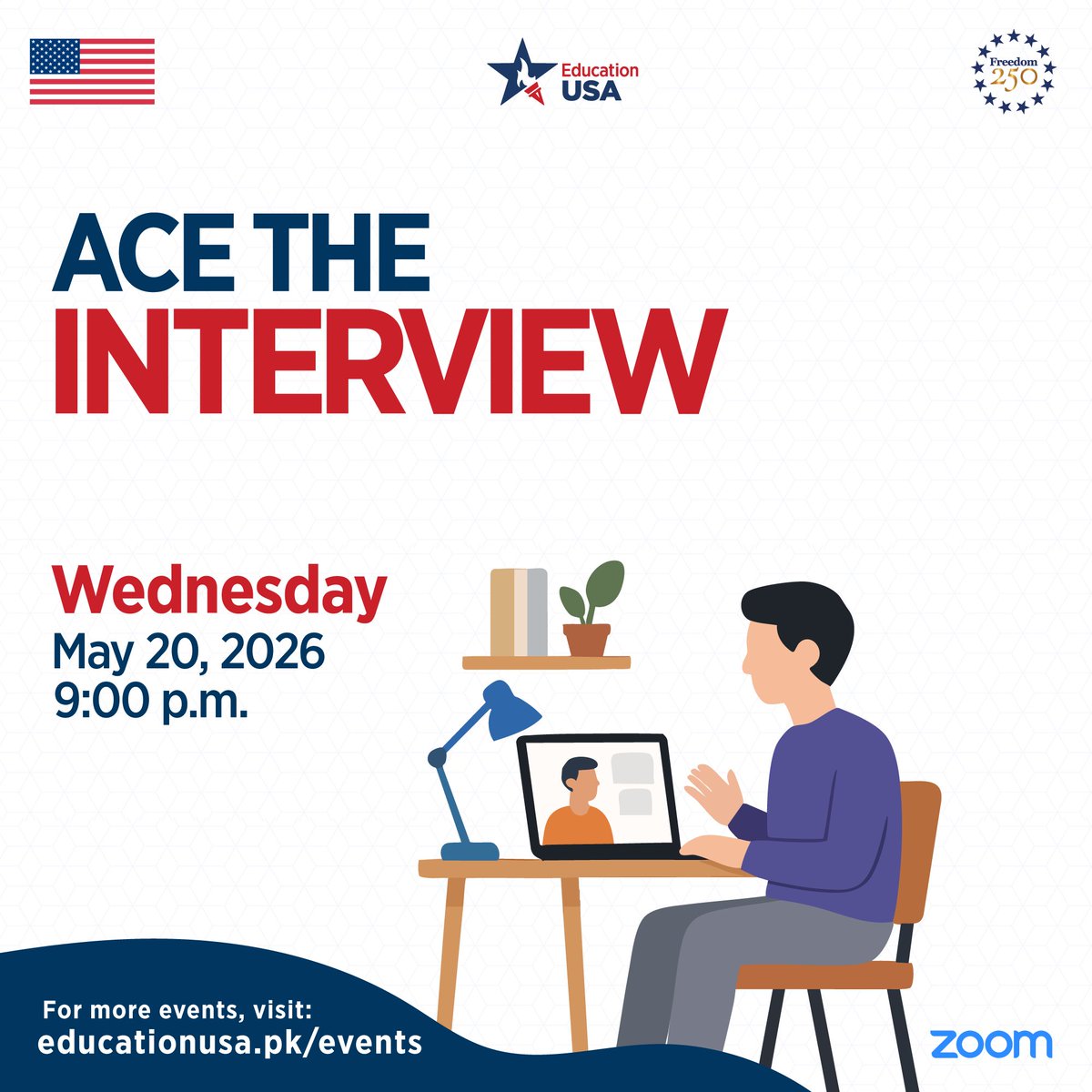 EdUSAPakistan's tweet photo. EducationUSA Pakistan is hosting a webinar titled "Ace the Interview with Westcliff University" on May 20 at 9 pm. The webinar will offer guidance on how to stand out to recruiters and admissions committees during an interview. From formal attire to crafting an effective answer, it will cover all aspects of the interview stage.

Sign up here: https://t.co/GsFg1ioNwk

#EdUSAPakistan #USEFP #StudyWithUS #USPAK