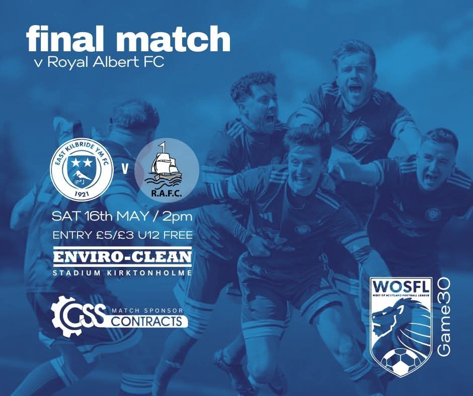 EKYM_FC's tweet photo. This Saturday we host Royal Albert FC for the last game of the season - and what a cracker it promises to be. We're in prime position to lift the league trophy but we take nothing for granted. RA will be aiming to finish the season on a high and maintain their fantastic unbeaten run, as will we.
We'd love to fill Kirktonholme to full capacity so come along and get behind the team as they try to claim their place in the history books. MON THE YM!!
#WeGoAgain

🟡 EKYM v Royal Albert West of Scotland Football League, Div 4
🔵 2pm KO
🟡 Free parking
🔵 Pitch-side kiosk open
🟡 Half-time draw
🔵 Café/Bar open