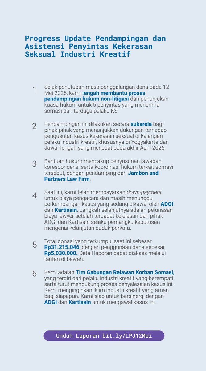 runtukansurya's tweet photo. UPDATE‼️
Terima kasih untuk teman-teman yang terus mengawal dan berdiri bersama korban. Perjuangan ini belum usai, dan kami akan terus bergerak hingga keadilan tercapai ✊🫶🏼 https://t.co/Lu89hYZ6wA