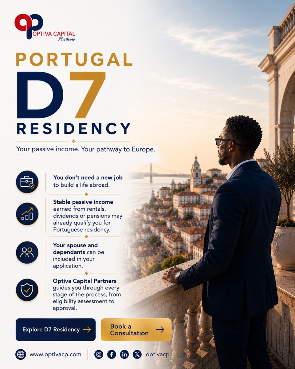 Optivacp's tweet photo. Your passive income may already open more doors than you realise.

Portugal’s D7 Residency pathway offers qualified applicants a structured route to European residency through stable passive income such as:
* Rentals
* Dividends
* Pensions
* Investments https://t.co/kojQg4Cye3