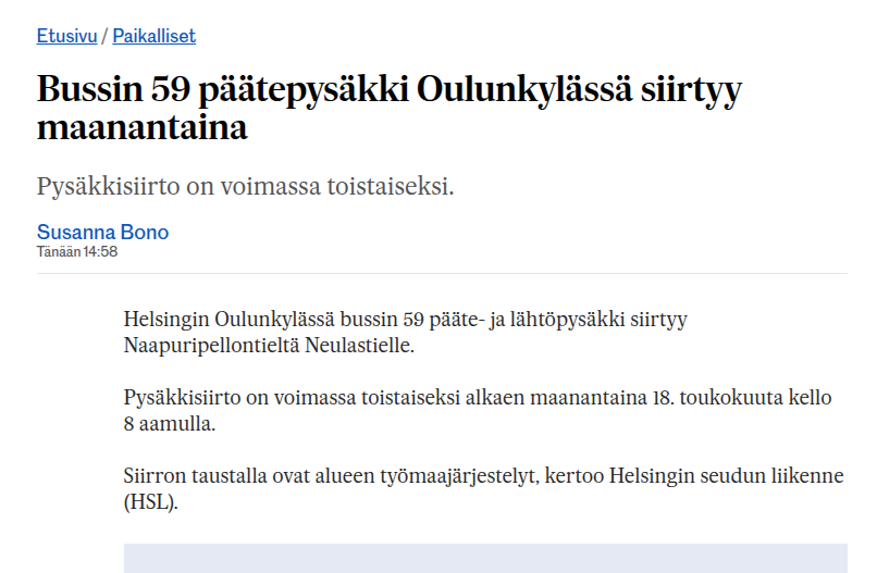 nlipsane's tweet photo. Hei @HkiUutiset! Onkohan tässä uutisessa jokin virhe, kun eihän bussi 59 kulje Oulunkylässä päinkään? #hsl #helsinginuutiset https://t.co/aWEN9FI4JA