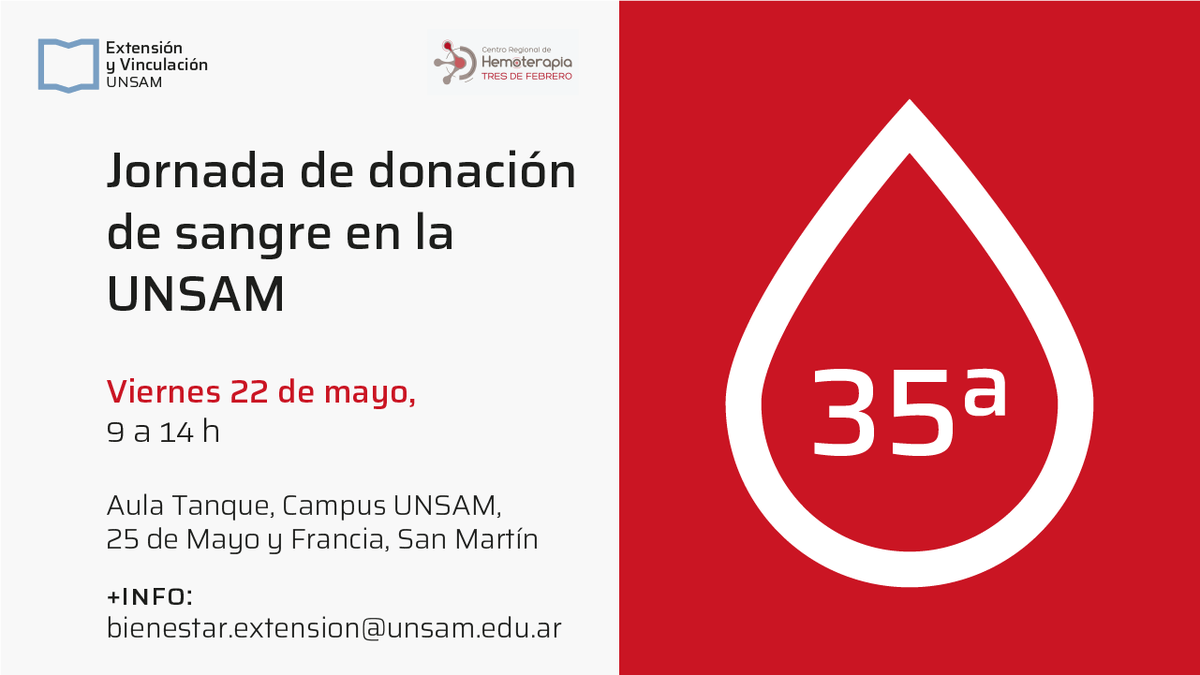 ExtensionUNSAM's tweet photo. 🩸 Se viene la 35° Jornada de Donación de Sangre en la UNSAM

🗓️ 22 de mayo | 9 a 14 h
📍 Aula Tanque, Campus Miguelete
🫶 Donar sangre puede salvar hasta 4 vidas.
Actividad abierta a la comunidad.
📩 bienestar.extension@unsam.edu.ar https://t.co/cAio3U0HFv