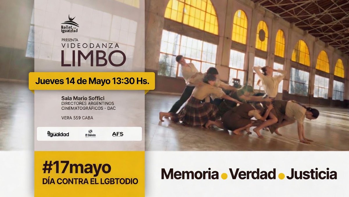 paradisosottile's tweet photo. #IDAHOBIT

Este jueves 14 de mayo  presentamos la videodanza LIMBO del Ballet por la Igualdad en el marco del #17mayo Día Internacional contra el #LGBTodio #Homofobia y Día contra la discriminación por orientación sexual e identidad de género en Argentina. 

#LIMBO es un videodanza que, desde una mirada contemporánea, aborda las huellas de la última dictadura cívico-militar en #Argentina, poniendo el foco en la identidad, la #memoria y las ausencias. 

Cuenta con coreografía de Andrea Pollini, dirección audiovisual de Brenda Barroero e interpretación del cuerpo de baile del Ballet por la Igualdad, bajo la dirección de Nana Esker.

Gracias por confirmar asistencia a través del siguiente link, ya que disponemos de localidades limitadas por el aforo:

https://t.co/v80HTeZKHh

Te esperamos y gracias por compartir entre tus contactos! 🌈 #MemoriaLGBTIQ+ #LTBTIQ+
