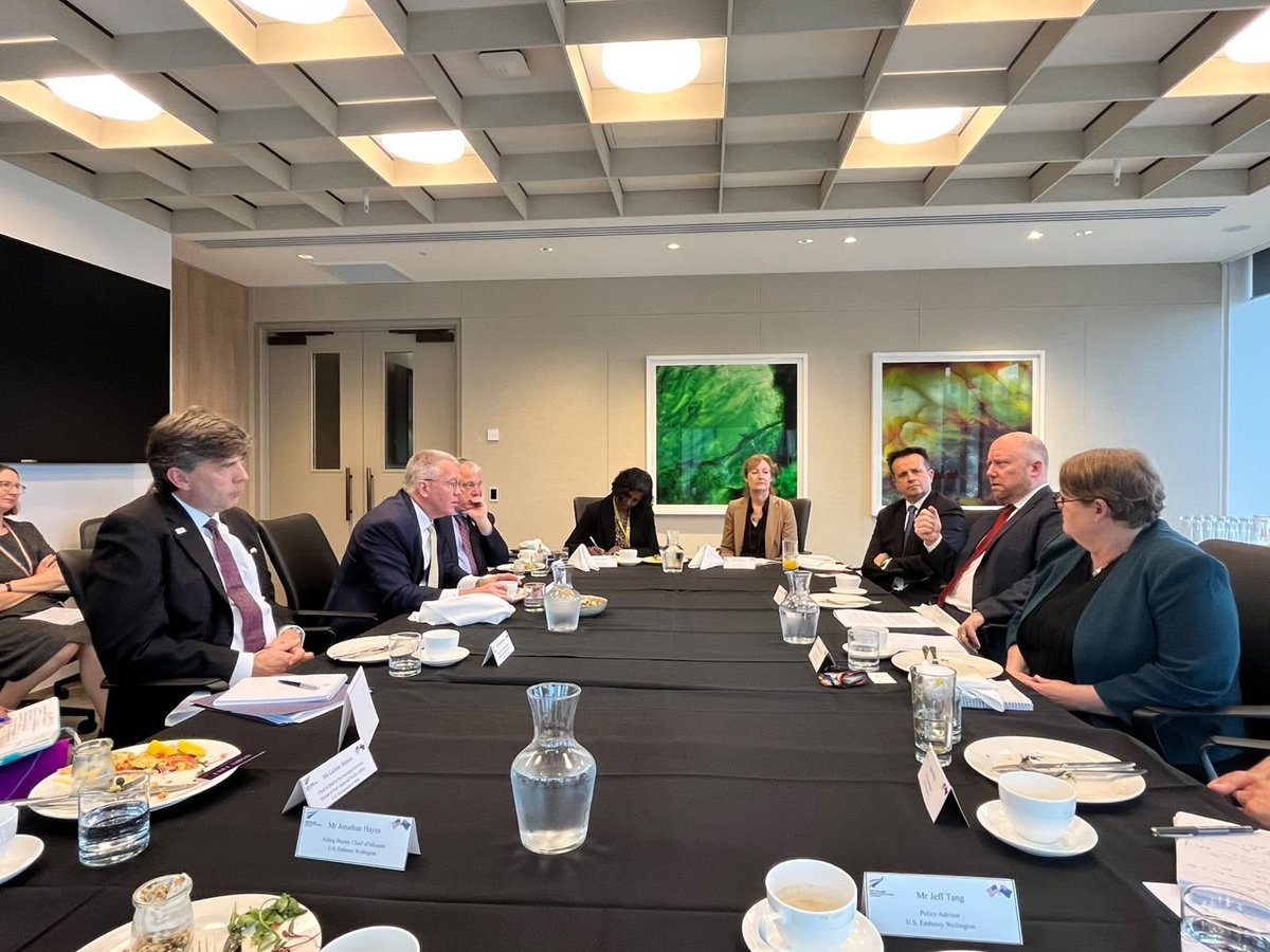 USAsiaPacific's tweet photo. Met with New Zealand Deputy Secretaries Grahame Morton, Vangelis Vitalis, and Bernadette Cavanagh to strengthen U.S.-New Zealand cooperation.  We are aligned in promoting peace and prosperity in the Indo-Pacific and protecting critical minerals supply chains. -MGD https://t.co/NLv4157LTQ
