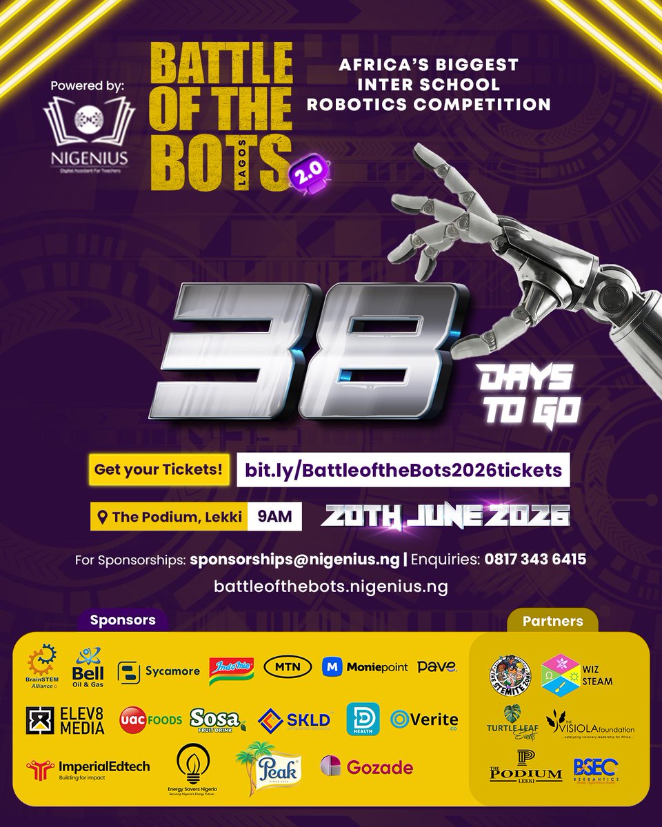 nigenius's tweet photo. 38 days until Battle of the Bots 

In just a few weeks, some of the brightest young minds will go head-to-head in an exciting display of robotics, coding, creativity, and innovation.

🎟️ Get your tickets now 👇
https://t.co/CnDblkuJYD https://t.co/6uv6bYS5Rp