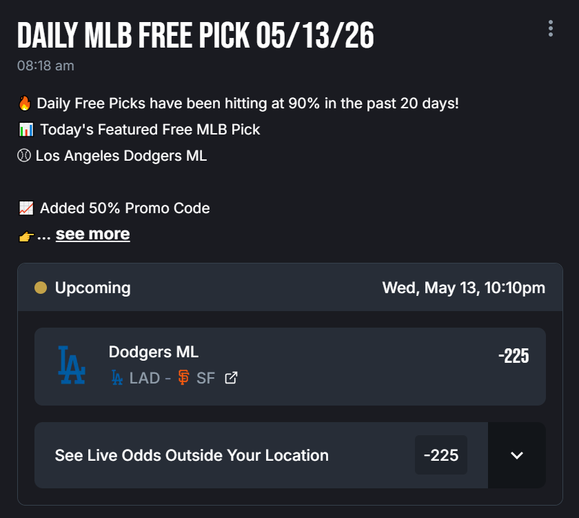 mlbanalyticspro's tweet photo. 🔥 Daily Free Picks have been hitting at 90% in the past 20 days!
📊 Today's Featured Free MLB Pick
⚾ Los Angeles Dodgers ML

📈 Added 50% Promo Code
👉 https://t.co/48EI0N7Jy7

#MLB #SportsBetting #MLBPicks #NFL #Moneyline #Parlay #NBAPicks #NHL #NBA https://t.co/g3pHNlO6GI