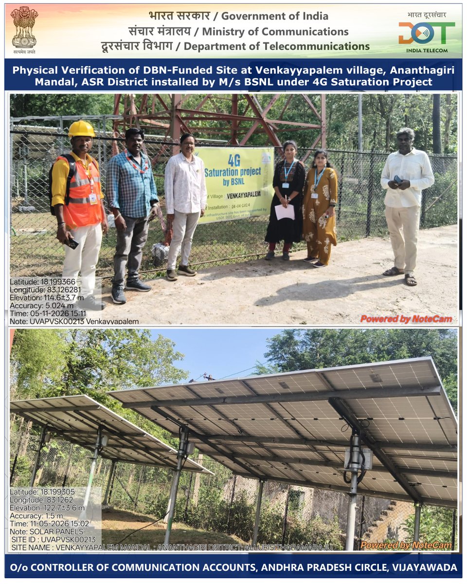 Dot_CCA_AP's tweet photo. The CCA AP team successfully conducted the physical verification of the DBN-funded site at Venkayyapalem village, Ananthagiri Mandal, ASR District, installed by M/s BSNL under the 4G Saturation Project on May 11, 2026. #4GSaturation #DigitalIndia #AndhraPradesh https://t.co/jX0h925sAD