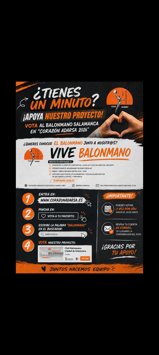 bmsalamanca's tweet photo. 🔥 ¡NECESITAMOS TU APOYO! 🔥

En @bmsalamanca seguimos trabajando para que más niños y niñas descubran el balonmano, el deporte y sus valores 💙🤾‍♂️🤾‍♀️

Por eso participamos en “Corazón ADARSA 2026” y… ¡tu voto puede marcar la diferencia! 🙌

⏱️ Solo te llevará 1 minuto: https://t.co/8im1O2Ox2U