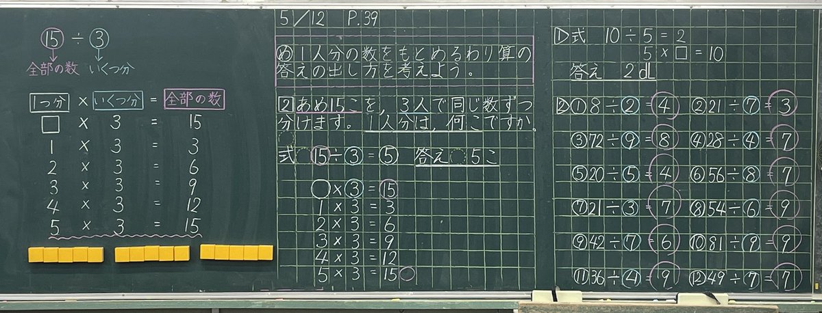 dquest777's tweet photo. ３年 算数 わり算

　割り算を使うシチュエーションをかくにし、数図ブロックを使って、実際に体感することから始めました。
　等分除は『わくわく割り算』（一人分がどれくらいになるのか）・包含除は『どきどき割り算』（何人に配れるか）と教えてイメージさせました。 https://t.co/RPYGPluhRt