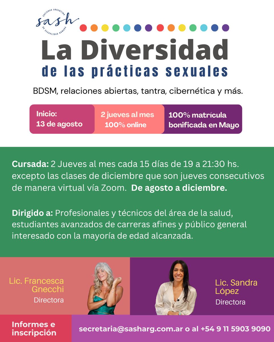 SASH_ARG's tweet photo. ¡Nuevo curso SASH 2026!
“La Diversidad de las Prácticas Sexuales”

📅 Inicio: 13 de agosto
💻 100% online vía Zoom
🕘 2 jueves al mes | 19 a 21:30 hs
🎁 Matrícula bonificada durante mayo

Más info en WhatsApp: https://t.co/OAQJlyiWiK https://t.co/XAHbsjt6g1