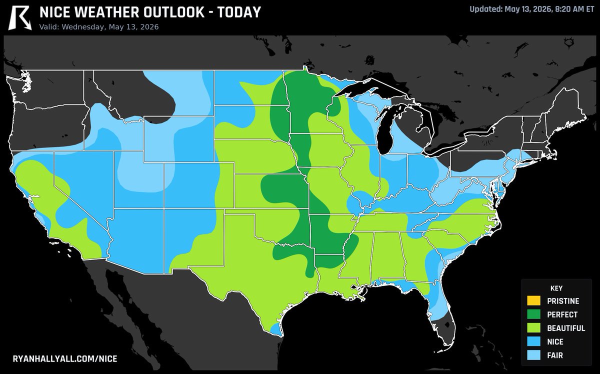 ryanhallyall's tweet photo. The nicest weather in the USA today stretches from Fort Worth, TX to Minneapolis, MN. Don't waste it. https://t.co/uVOFsgKXJJ