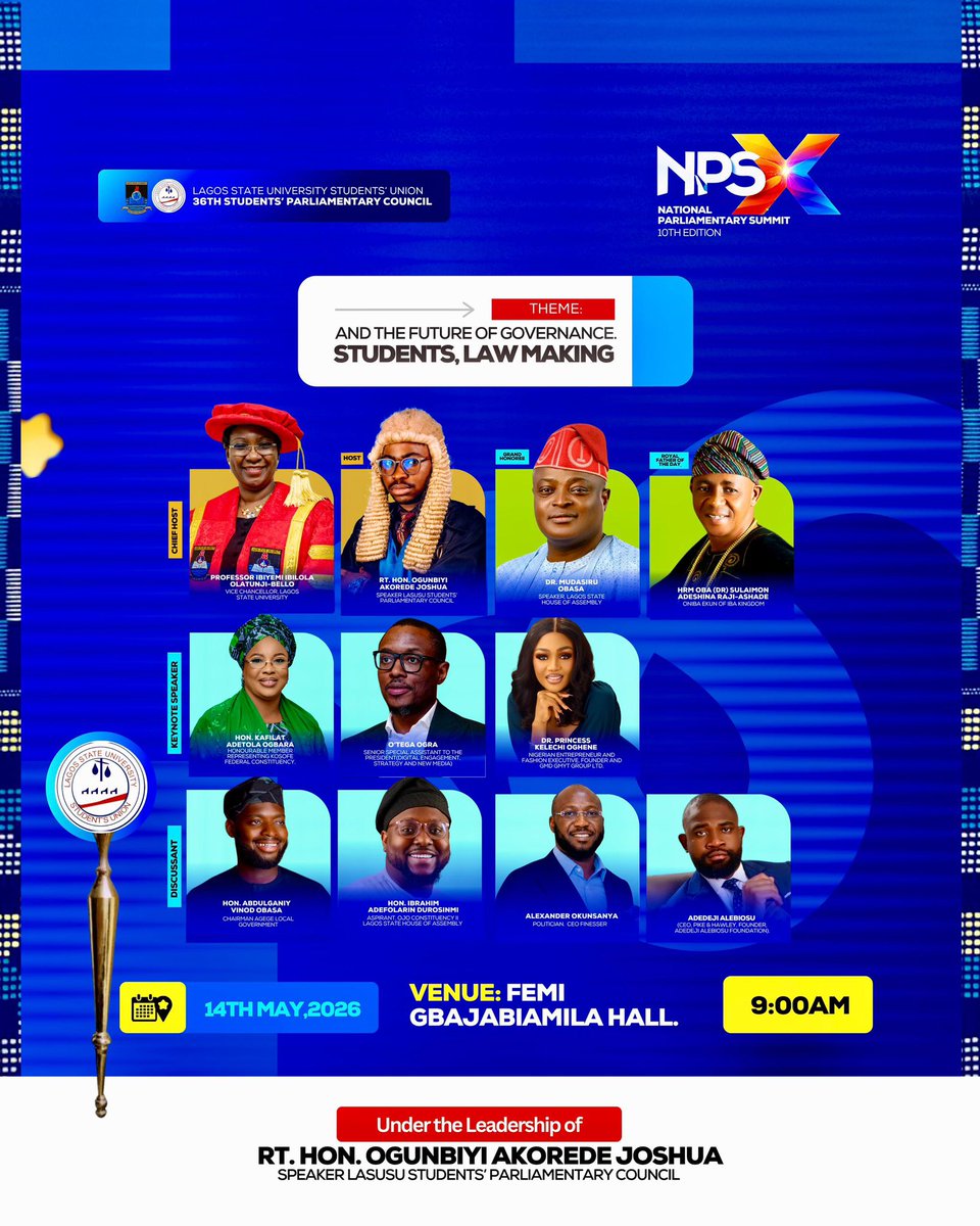 LASUSUSPC's tweet photo. Africa’s Biggest Parliamentary Summit is here; the National Parliamentary Summit X! 🌍✨

As we celebrate the 10th Edition of the National Parliamentary Summit (NPS X), we continue the conversation on leadership, governance, and policy making through the lens of student impact- https://t.co/vjCM0KW5t0