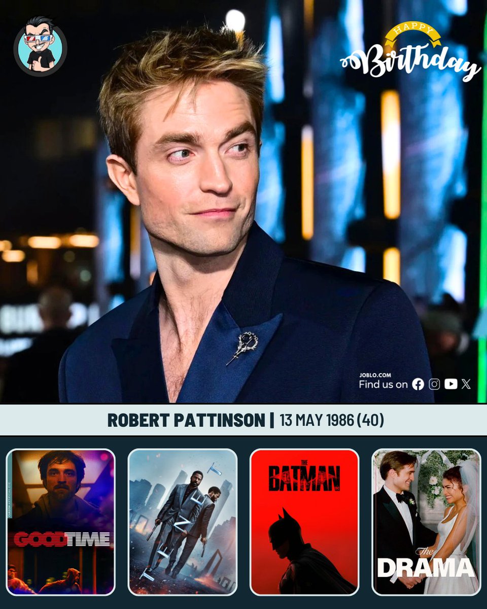 joblocom's tweet photo. Robert Pattinson turns 40 today! 🎂
#RobertPattinson #Batman #GoodTimeMovie #FilmDrama #Tenet https://t.co/HMoSeyGUd7