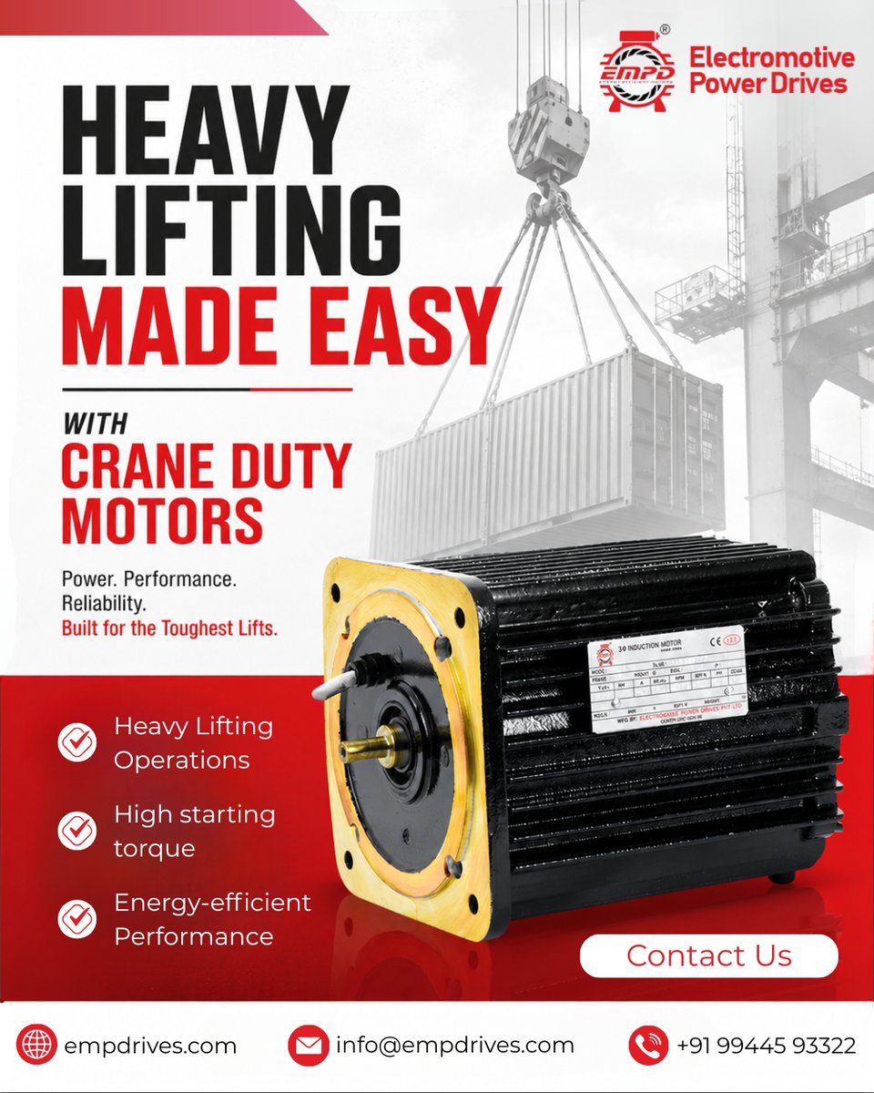 EMP_Drives's tweet photo. 🏗️ Heavy Lifting Made Easy with Crane Duty Motors
In industries where heavy materials need to be lifted, moved, and controlled safely, choosing the right motor is critical.
•🏗️ High starting torque for heavy lifting operations
📍 Coimbatore
📞 +91 99445 93322 https://t.co/DTZXCoSBzG