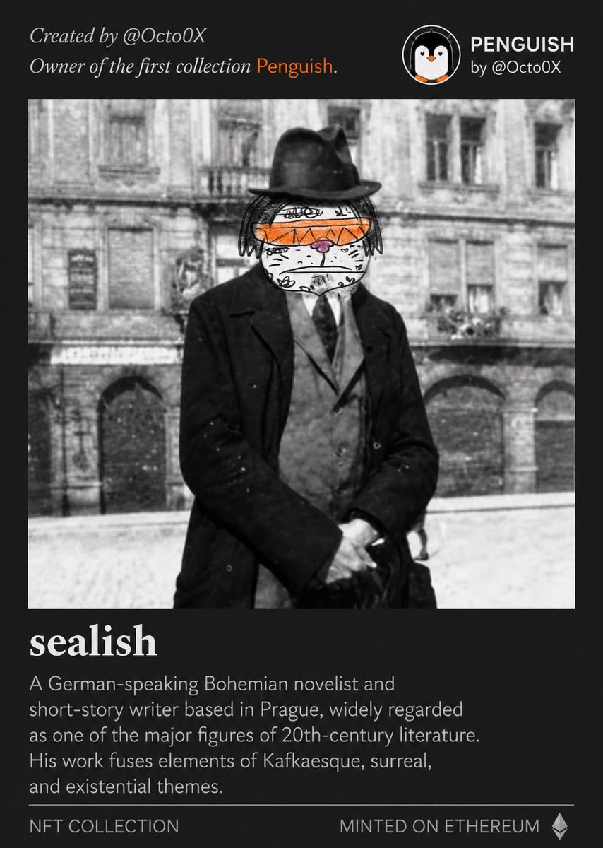 WagmiQueen's tweet photo. In the misty streets of early 20th-century Prague, there lived a quiet, unassuming man who never felt he truly belonged.

By day, he was a diligent insurance clerk polite, precise, and always slightly damp from the river fog that clung to his coat. By night, he wrote strange, haunting stories at his desk, pouring out his inner world onto paper. He felt like an outsider in his own life: a creature caught between two worlds land and water, human expectations and his own quiet nature.
People called him odd. He called himself Sealish.

With his round, whiskered face, tired eyes, and that distant, knowing expression, he drifted through life observing the absurdities of bureaucracy, family, and society. His stories weren’t loud or heroic they were small, surreal, and deeply human. They spoke of feeling trapped, misunderstood, and forever waiting for something that never quite arrived.

Though he disappeared into the fog one cold morning, his spirit remains. Each Sealish NFT carries a piece of that lonely, gentle soul a reminder that it’s okay to feel a little out of place in a world that doesn’t always understand you.
Simple. Quiet. Endlessly relatable.

Welcome to the family, Sealish by @Octo0x