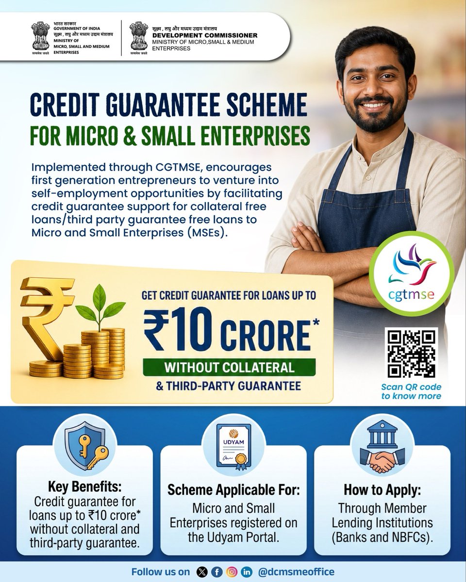 dcmsmeoffice's tweet photo. Credit Guarantee Scheme for Micro &amp; Small Enterprises encourages first generation entrepreneurs to venture into self-employment opportunities.

#Msme #Entrepreneur #Innovation #Development #Employment #Empowerment #Technology #skilldevelopment https://t.co/I7IMzNk6ot