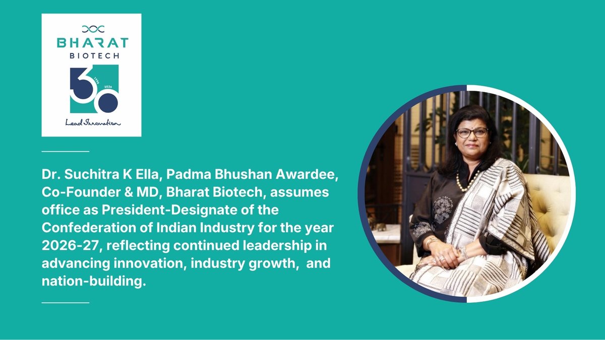 BharatBiotech's tweet photo. Dr. Suchitra Ella, Co-Founder &amp; MD #BharatBiotech assumes office as President-Designate of the Confederation of Indian Industry for the year 2026-27.

@suchitraella @followCII @YiTweets

#CIIAnnualBusinessSummit26 #CII4India #TheFuture #GlobalEconomy #Industry #CII_WIN #CII https://t.co/FMSllx8orp