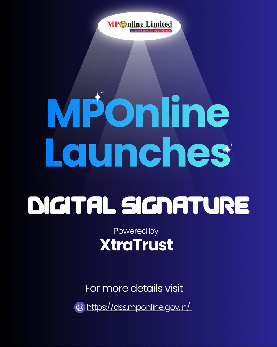 MPOnlineLimited's tweet photo. Digital Signature Services by XtraTrust are now LIVE on the MPOnline portal! 🔐✨
Experience secure, seamless, and hassle-free digital signing services - now just a click away.  https://t.co/n9WuBZW58N

#DigitalSignature #eGovernance #MPOnline #XtraTrust #DigitalIndia https://t.co/8npqNAEcX8